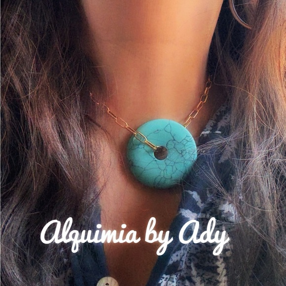 MASSIVE TURQUOISE DISC STATEMENT GOLD NECKLACE - Picture 1 of 3